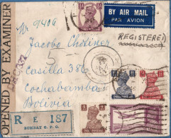 Bombay To Bolivia 1945 Censored Airmail Cover Franked George VI ½, 4, 8, 12 & 14 A 14 A Planel By New York & Miami - 1936-47 Roi Georges VI