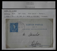 1904 PORTUGAL AZORES AÇORES ANGRA TO LISBON KING CARLOS I 50 Rs BLUE  BILHETE POSTAL LETTER CARD  - Angra