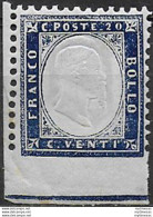 1862 Italia VE II 20c. Indaco NP In Basso Af MNH Sassone N. 2I - Other & Unclassified