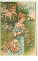 N°16968 - Carte Gaufrée - My Valentine - Cupidon Visant Une Jeune Femme - Dia De Los Amorados