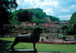 73179283 Blankenburg Harz Blick Vom Barockgarten Zum Schloss Loewenskulptur Blan - Blankenburg