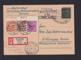 1946 - 5 Pf. Not-Ganzsache (P C601) Mit Zufrankatur Als Einschreiben Ab Karlsruhe Nach Ettlingen - Covers & Documents