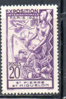 ST. SAINT PIERRE AND ET MIQUELON 1937 PARIS INTERNATIONAL EXPOSITION ISSUE 20c MLH - Ongebruikt