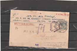 Malaya WRITTEN IN TAMIL CENSORED COVER 1940 - Straits Settlements