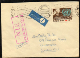 POLAND 1981 SOLIDARITY SOLIDARNOSC PERIOD MARTIAL LAW NIE CENZUROWANO NOT CENSORED MAUVE CACHET KATOWICE TO LONDON - Storia Postale