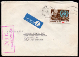 POLAND 1981 SOLIDARITY SOLIDARNOSC PERIOD MARTIAL LAW NIE CENZUROWANO NOT CENSORED MAUVE CACHET SOSNOWIEC TO LONDON - Storia Postale