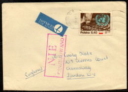 POLAND 1981 SOLIDARITY SOLIDARNOSC PERIOD MARTIAL LAW NIE CENZUROWANO NOT CENSORED MAUVE CACHET SOSNOWIEC TO LONDON - Storia Postale