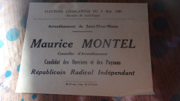 ELECTIONS LEGISLATIVES 1936  MAURICE MONTEL ST FLOUR  MURAT CANDIDAT DES OUVRIERS ET PAYSANS RADICAL INDEPENDANT - Documenti Storici