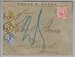 Ungarn 1897-08-03 Pacsa Taxierter Brief Nach Zürich Mit 3 Portomarken 2Rp. Blau + 3+20Rp.grün - Briefe U. Dokumente