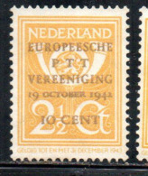 NETHERLANDS PAESI BASSI HOLLAND NEDERLAND OLANDA 1943 EUROPEAN UNION OF POSTS AND TELEGRAPHS AT VIENNA  10c On 2 1/2 MNH - Ongebruikt