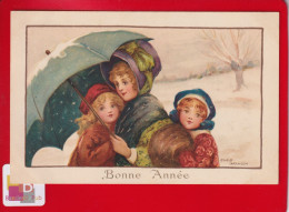 Belle CPA Chromo Ethel Parkinson Mère Enfant Petites Filles Manchon Fourrure Neige Parapluie Bonne Année - Parkinson, Ethel