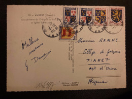 CP ANGERS TP FRANCHE COMTE 3F X2 + BEARN 1F + PICARDIE 50c X2 OBL. ESSAI CACHET PLASTIQUE 21-9 1953 ANGERS RP (49) - 1941-66 Coat Of Arms And Heraldry