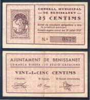 Billete Local 1937 Consell Municipal De Benissanet 25 Centims - Altri & Non Classificati