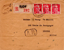 GANDON AFFRANCHISSEMENT COMPOSE SUR LETTRE RECOMMANDEE AR DE RIOM PUY DE DOME 1946 - Postal Rates