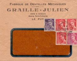 MERCURE AFFRANCHISSEMENT COMPOSE SUR LETTRE A ENTETE DE LE PUY EN VELAY 1945 - Tarifas Postales