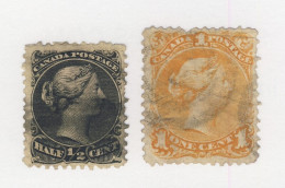 Canada Large Queen Used 2x Stamps: #21-1/2c F+ & #23-1c PP Fine Guide = $140.00 - Usati