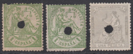 00619/ Spain 1873/74 Mint Telegraphed (Drilled Hole) X3 Allegorical Figure Of Peace + Justice - Collections