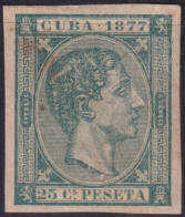 1877-156 CUBA ANTILLES 1877 25c MH ALFONSO XII IMPERFORATED.  - Préphilatélie