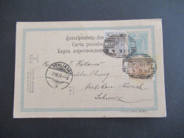 1901 Österreich / Rumänien GA 5 Heller Mit 2x ZuF Deutsch -Rum.-Ruth.) Strichstempel Jakobeny Nach Oerlikon Schweiz - Tarjetas