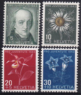 MiNr. 424 - 427 Schweiz 1943, 1. Dez. „Pro Juventute“ Philipp Emanuel Von Fellenberg Alpenblumen (I) - Postfrisch/**/MNH - Ungebraucht