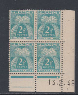 France Timbres-Taxe N° 72 XX  : 2 F. Bleu-vert En Bloc De 4 Coin Daté Du  13 . 2 . 46 .   1 Point Blanc, Sans Cha. TB - Strafport