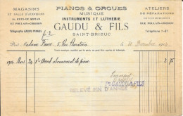 Facture 14x21 - Musique: Pianos Et Orgues Gaudu & Fils (Leçons De Piano) Saint-Brieuc (Côtes-du-Nord) 1914 - 1900 – 1949