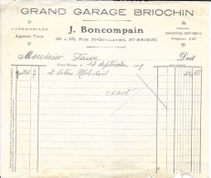 Facture 14x21 - Grand Garage Automobile Briochin: J. Boncompain - Saint-Brieuc (Côtes-du-Nord) 1929 - Verkehr & Transport