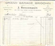 Facture 14x21 - Grand Garage Automobile Briochin: J. Boncompain - Saint-Brieuc (Côtes-du-Nord) 1929 - Transports