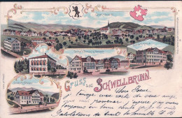 Gruss Aus Schwellbrunn AR, Armoiries, Ville Et 4 Hôtels, Litho Couleur 5 Vues (5.8.1901) - Schwellbrunn