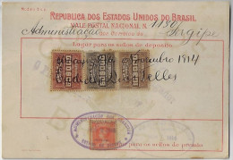 Brazil 1914 Money Order From Aracaju To Salvador Bahia Vale Postal Stamp 10$000 20$000 50$000 Definitive 1$000 Republic - Storia Postale