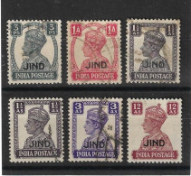 INDIA - JIND 1940 - 1943 3p,1a,1½a Litho, 1½a Typo, 3a Litho, 12a SG 137,140, 142, 142a, 144, 149 FINE USED Cat £54 - Jhind