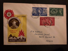 LETTRE ANGLETERRE TP JUBILEE JAMBOREE 1957 4d + 1 1/2d + 1/3 OBL.MEC.9 AU 1957 + POSTED AT LIVERPOOL - Covers & Documents