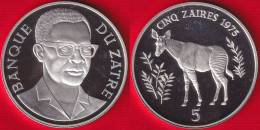 Zaire (Congo) 5 Zaires 1975 "Okapi" Km#10 AG Silver PROOF - Zaire (1971 -97)