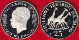 Tanzania 25 Shilingi 1974 "Giraffes" Km#7a AG Silver PROOF - Tanzanie