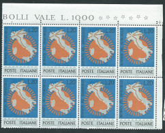 Italia 1965; Giornata Del Francobollo. Blocco D’ Angolo Di 8 Valori = 2 Quartine. - 1961-70: Mint/hinged