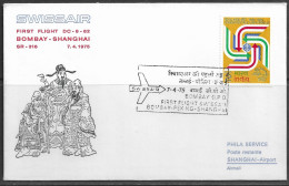 India.   First Flight SWISSAIR DC-8-62 Bombay-Peking-Shanghai 7.04.1975. Special Cancellation On Cachet Special Envelope - Brieven En Documenten