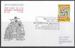 India.   First Flight SWISSAIR DC-8-62 Bombay-Peking-Shanghai 7.04.1975. Special Cancellation On Cachet Special Envelope - Storia Postale