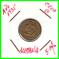 GERMANY REPÚBLICA DE WEIMAR 5 PFENNIG DE PENSIÓN ( 1935 CECA-A ) MONEDA DEL AÑO 1923-1936 (RENTENPFENNIG KM # 32 - 5 Renten- & 5 Reichspfennig