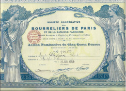 SOCIETE COOPERATIVE DES BOURRELIERS DE PARIS ET DE LA BANLIEU -ACTION NOMINATIVE DE CINQ CENTS FRANCS-1953 - Altri & Non Classificati