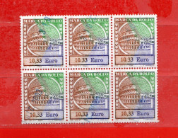 Marca Da Bollo °-2002 - Tassa Fissa  € 10,33 , Cat.Unif 279. Blocco Di 6. - Revenue Stamps