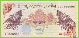 Voyo BHUTAN 5 Ngultrum 2015 P28c UNC Birds Prefix J - Bhután