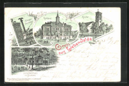 Lithographie Liebenwalde, Gasthaus Schützenhaus Im Haidchen, Kirche, Rathaus, Krieger-Denkmal  - Liebenwalde