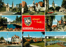 73246995 Korbach Ortsansichten Kirche Brunnen Teich Hauptstrasse Freibad Wappen  - Korbach