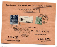 1925 Milano/Ginevra Del 3.10.25 - Aerogramma Racc. Per Primo Volo - Marcophilia (AirAirplanes)