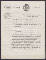 Circulaire Datée 4 Pluviôse An 6 (23 Janvier 1798) Du Ministre De La Police Générale à PARIS à Propos Du Transport Des L - Décrets & Lois
