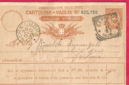 INTERO CARTOLINA-VAGLIA UMBERTO C.20 DA LIRE 15 (CAT. INT. 8Ba) -VIAGGIATA DA CEPRANO*25.2.93*/(ROMA) PER NOCERA UMBRA - Stamped Stationery