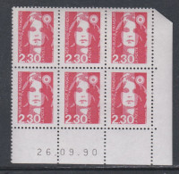 France N° 2614 XX Marianne De Briat  2 F. 30 Rouge En Bloc De 6 Coin Daté Du 26 - 09 - 90 ; Gomme Lég. Altérée Sinon TB - 1980-1989