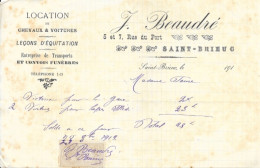 Facture 14x21 - Location Chevaux Et Voitures, Convois Funèbres, J. Beaudré, Saint-Brieuc (Côtes Du Nord) 1913 - Alimentaire