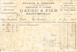 Facture 14x21 - Magasins Piano Et Orgues, Instruments De Musique Gaudu & Fils, Saint-Brieuc (Côtes Du Nord) 1913 - Alimentare