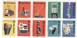 Czechoslovakia - Czechia 10 Matchbox Labels - ČKD Praha Tramway, Locomotive, Mobile Crane, Compressor, Transformer - Boites D'allumettes - Etiquettes